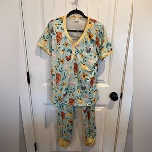 Shirley & Stone Floral & Farm Animal Pajama Set with Yellow Trim Highland Cow